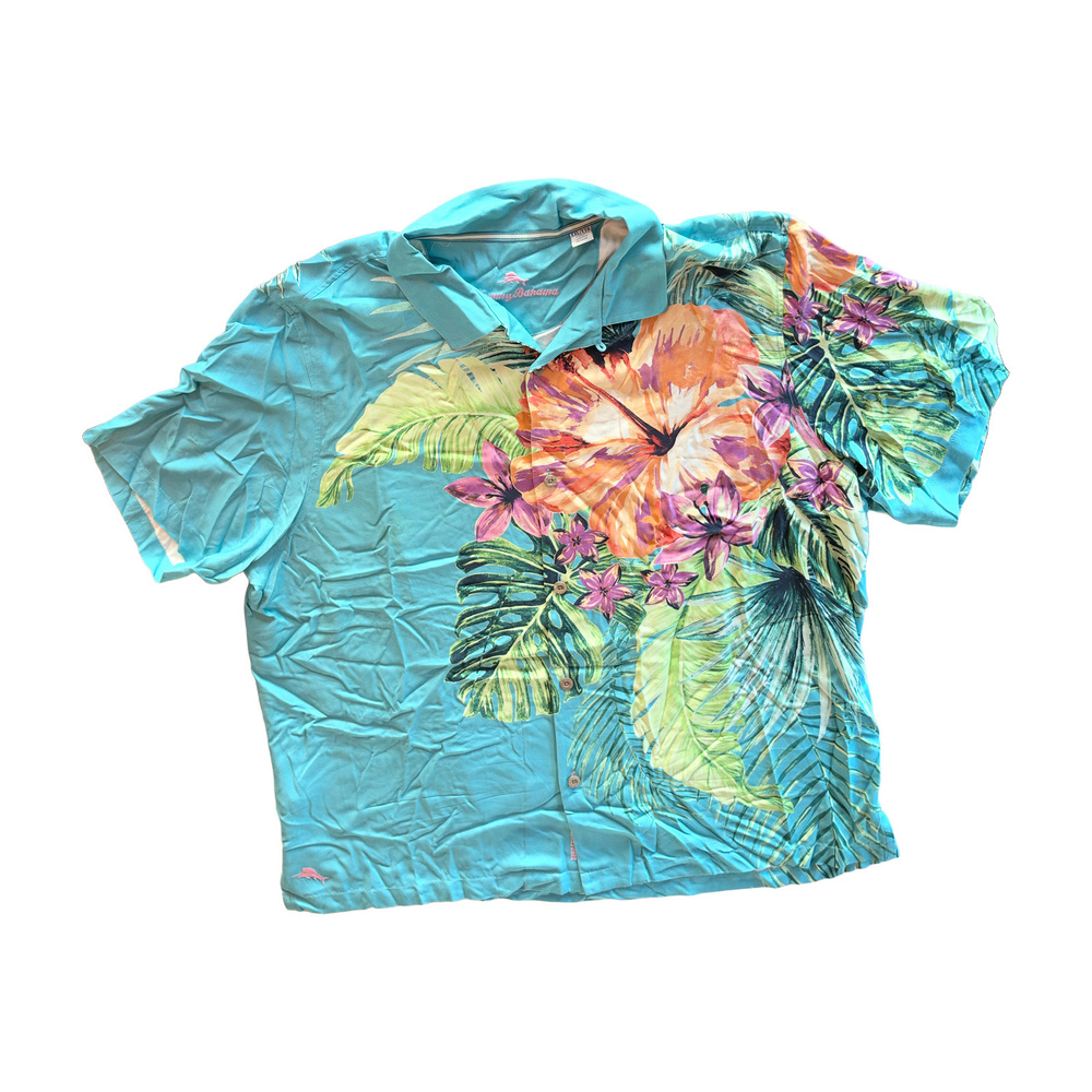 Tommy Bahama Polo Shirt XXL Turquoise Tropical Floral